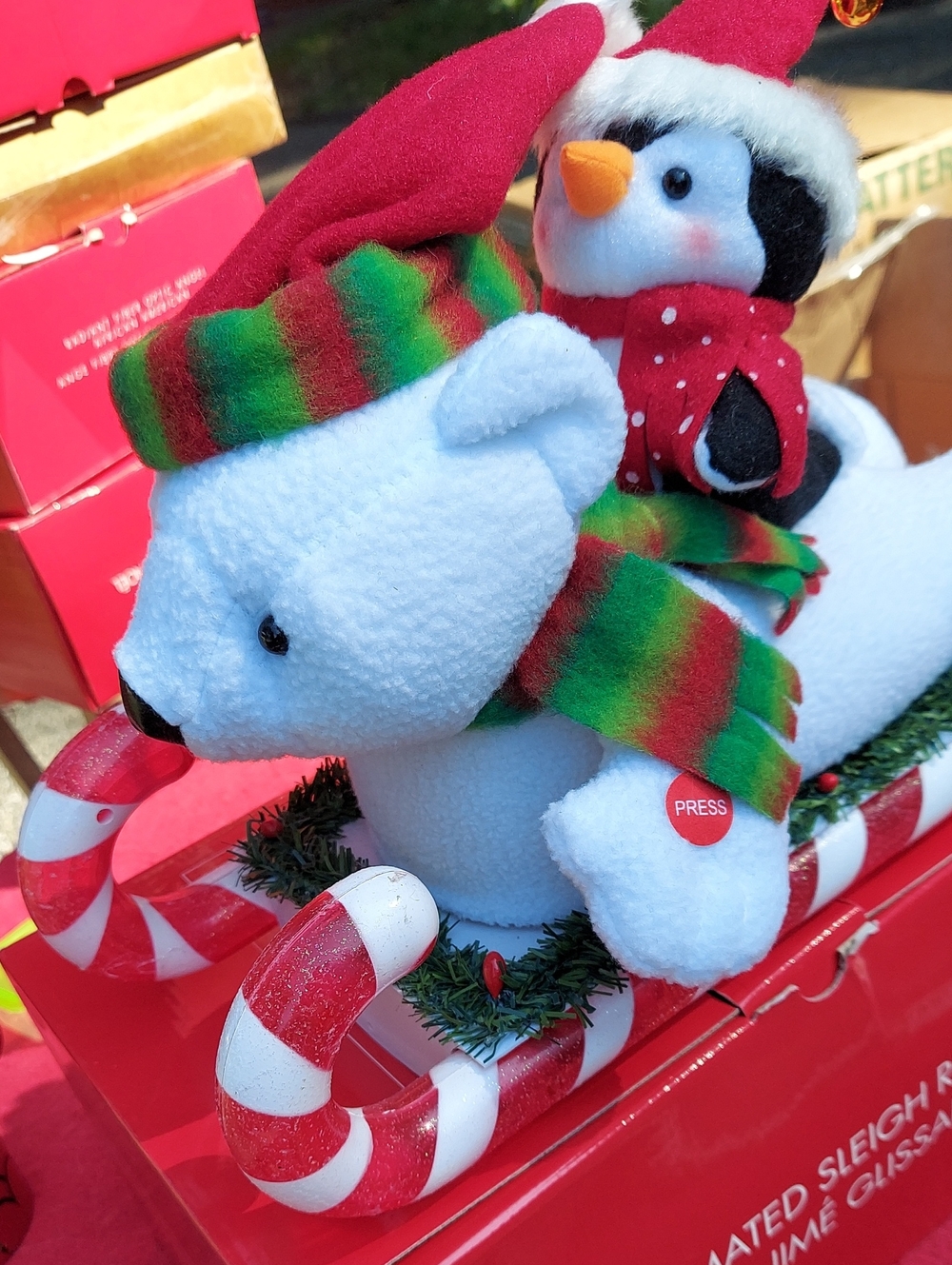 Avon Animated Plush White Polar Bear w/ Red-Striped Green Scarf/ Penguin Rider